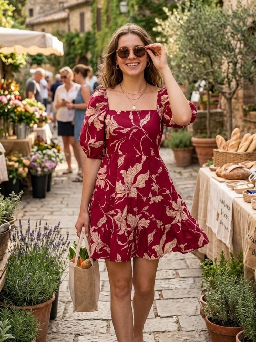 Express Fuchsia Floral Square-Neck Puff-Sleeve Mini Dress